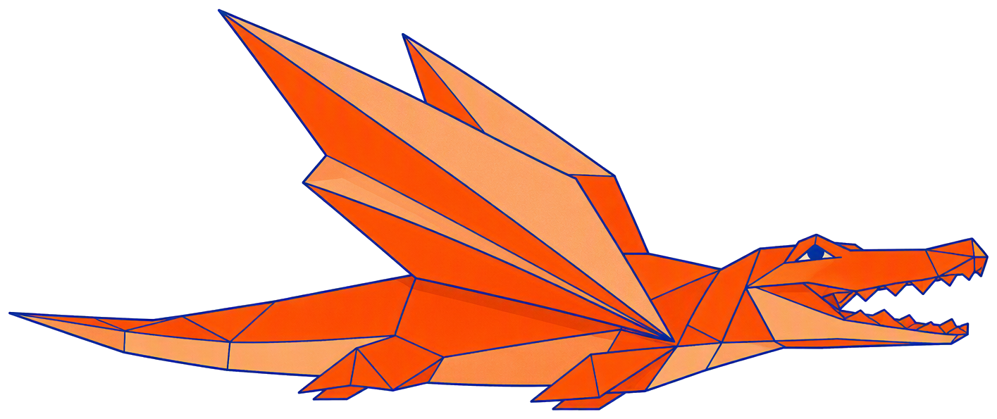Origami alligator leaping through the air